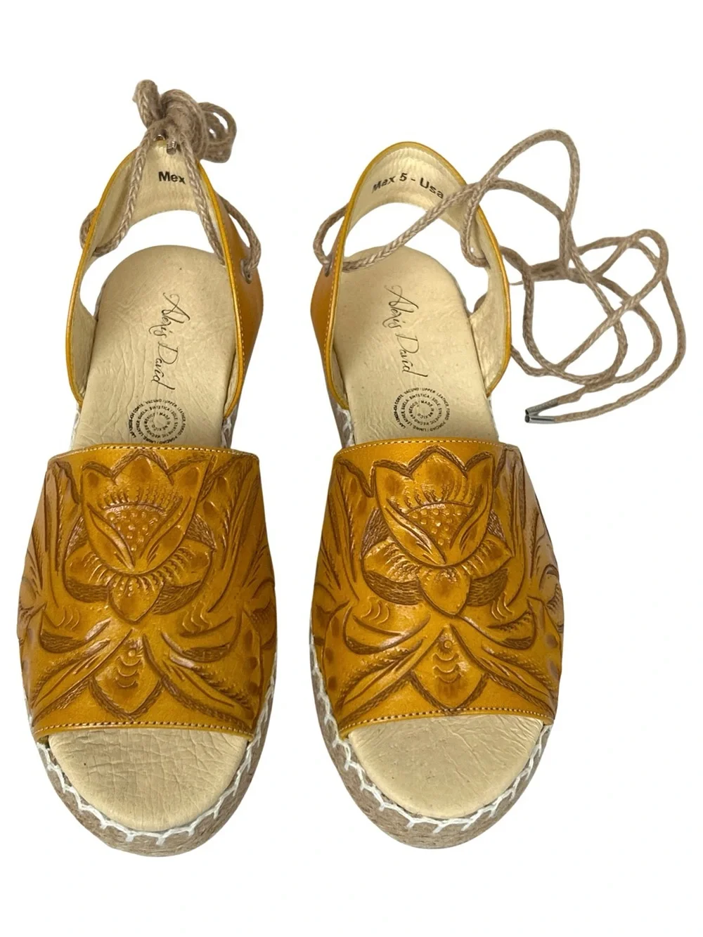 Rare Alexis David Hand Tooled Artisan Leather Espadrille Sandals - 8 - Yellow